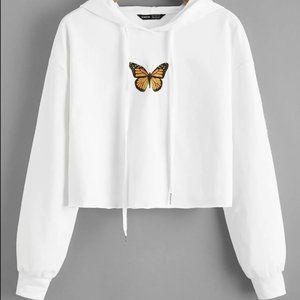Drop Shoulder Drawstring Detail Butterfly Print Hoodie